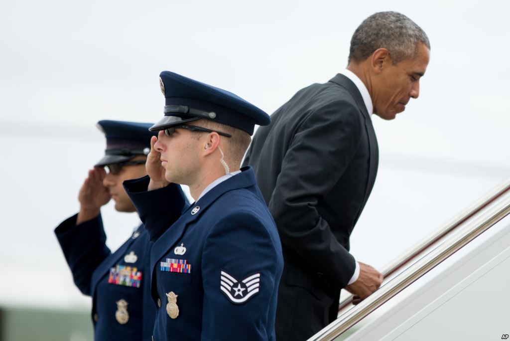 President Barack Obama boards Air Force One at Andrews Air Force Base Md. Sunday Sept. 27 2015 to travel to JFK International Airport in New York