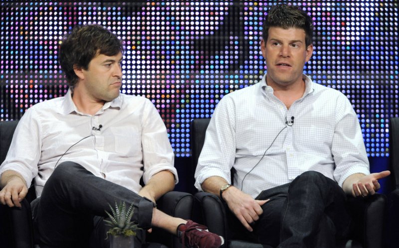 Cast members Mark Duplass and Steve Rannazzisi participate in the panel for'The League during the FX summer Television Critics Association press tour in Beverly Hills California