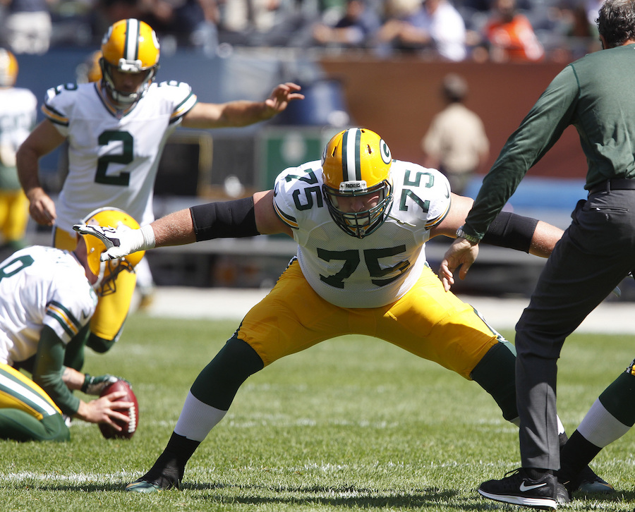 Green Bay tackle Bryan Bulaga takes a stance during pre game warm ups on Sunday September 13 2015 at Soldier Field in Chicago