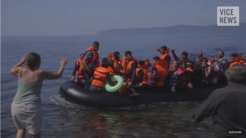 The Middle East refugees are looking happy to cross the sea from Turkey to Greece on Sep. 10