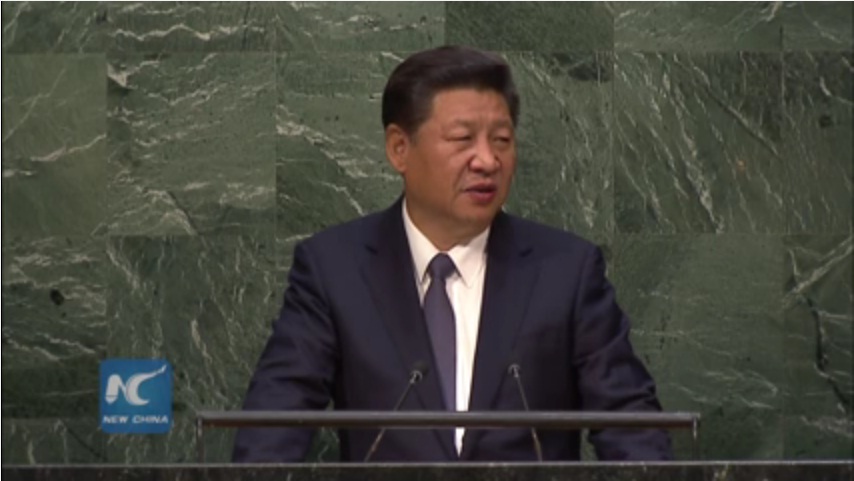 Xi Jinping is giving a speech during the UN summit in New York