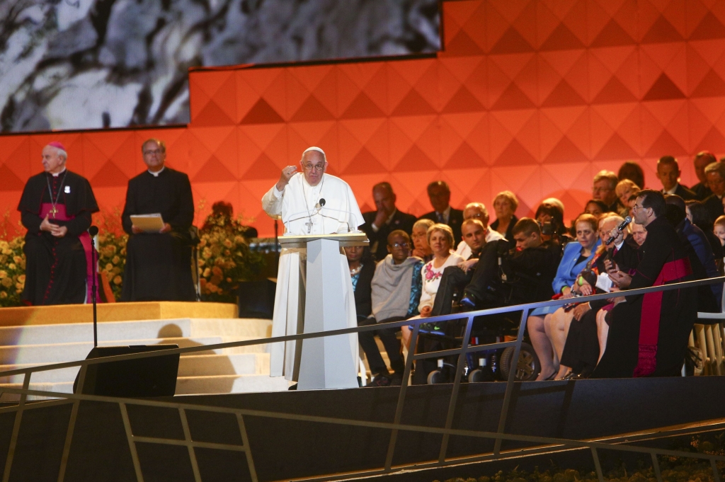 POPE ABUSE VICTIMS-65 Pope Francis speaks Sunday at the Festival of Families in Philadelphia. Speaking to hundreds of bishops and seminarians Pope Francis said he met in private with a group of victims of sexual abuse and he pledged that “all responsib