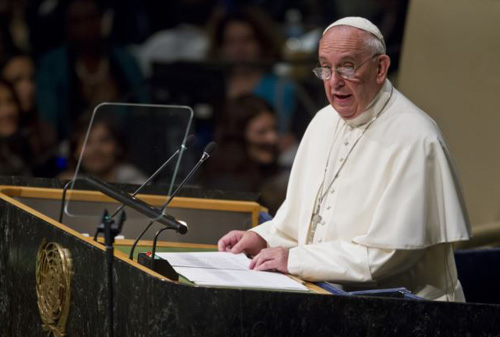 Pope Francis addresses the 70th session of the United Nations General Assembly at United Nations headquarters on Sept. 25 2015. /AP