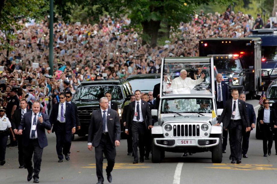 Pope Francis rides the popemobile in New York's Central Park Friday Sept. 25 2015