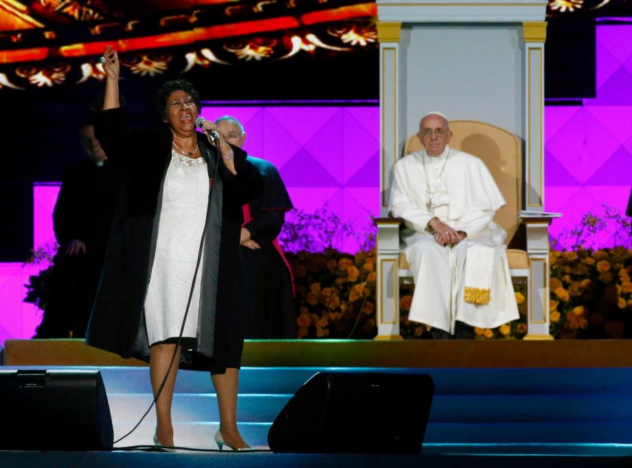 American singer Aretha Franklin sings as Pope Francis and others listen during the World Meeting of Families festival in Philadelphia Saturday Sept. 26 2015