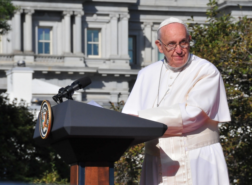 Pope Francis speaks outside the White House