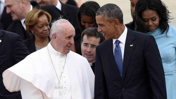 Pope Francis talks with US president Barack Obama after arriving in Washington