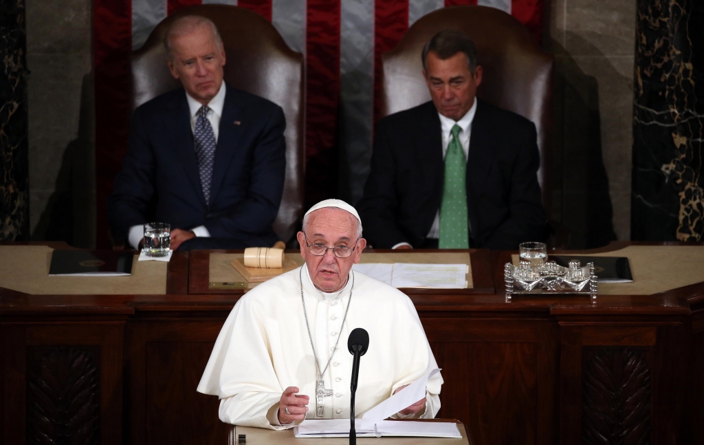 Pope Francis addresses a joint meeting of the U.S. Congress in the House Chamber of the U.S. Capitol Thursday. He is first pope to address a joint meeting of Congress