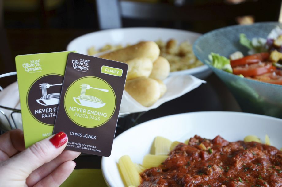 For seven weeks from Oct. 5 through Nov. 22 Olive Garden Pasta Pass holders have access to never-ending pasta homemade sauces pasta toppings soup or salad breadsticks and soft drinks as many times as they would like