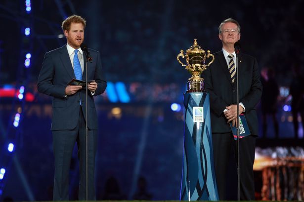 Prince Harry give a speech alondside Chairman of World Rugby Bernard Lapasset during the opening ceremony of the Rugby World Cup