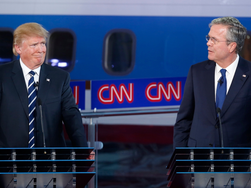 REUTERS  Lucy Nicholson Republican U.S. presidential candidate businessman Donald Trump reacts to former Florida Governor Jeb Bush