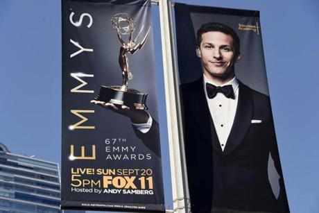 A sign announces the 67th annual Primetime Emmy Awards in downtown Los Angeles