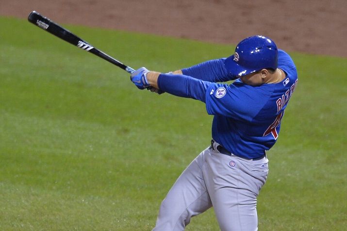 ST. LOUIS MO- SEPTEMBER 8 Anthony Rizzo #44 of the Chicago Cubs hits a RBI single in the seventh inning against the St. Louis Cardinals at Busch Stadium