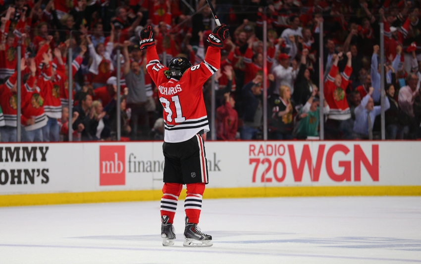 Jun 8 2015 Chicago IL USA Chicago Blackhawks center Brad Richards celebrates after scoring a goal against the Tampa Bay Lightning in the first period in game three of the 2015 Stanley Cup Final at United Center. Mandatory Credit Dennis Wierzbic