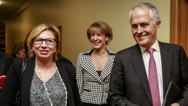 Rosie Batty and Prime Minister Malcolm Turnbull with Minister for Women Michaelia Cash at Thursday morning's announcement