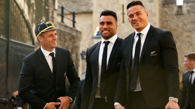 All Blacks Dan Carter Liam Messam and Sonny Bill Williams share a laugh after being officially welcomed to the 2015 Rugby World Cup in London