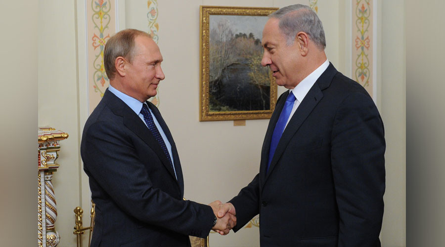 Russian President Vladimir Putin left and Israeli Prime Minister Benjamin Netanyahu during a meeting at the Novo Ogaryovo residence