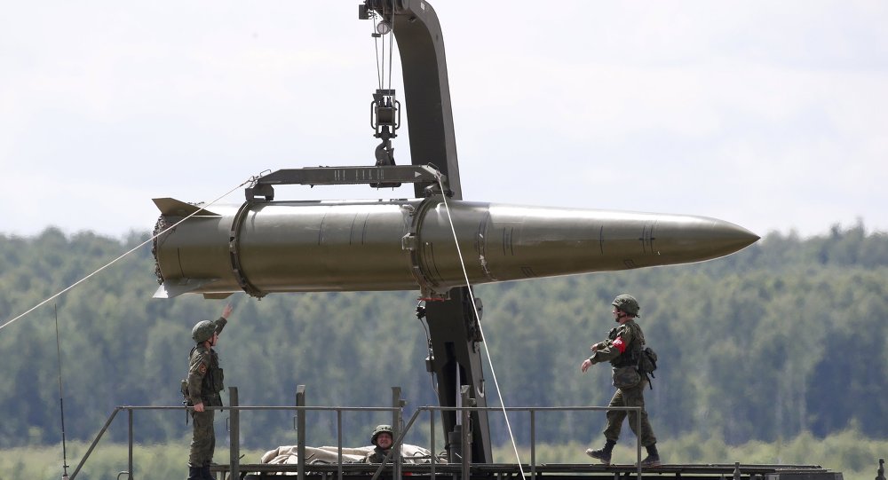 Russian servicemen equip an Iskander tactical missile system at the Army-2015 international military-technical forum in Kubinka outside Moscow Russia