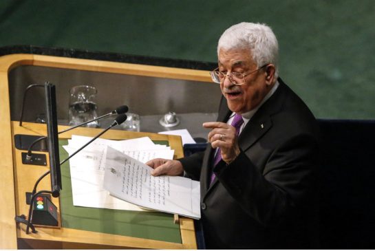 Palestinian Authority president Mahmoud Abbas addresses the 70th Session of the United Nations General Assembly at the UN in New York on Sept. 30