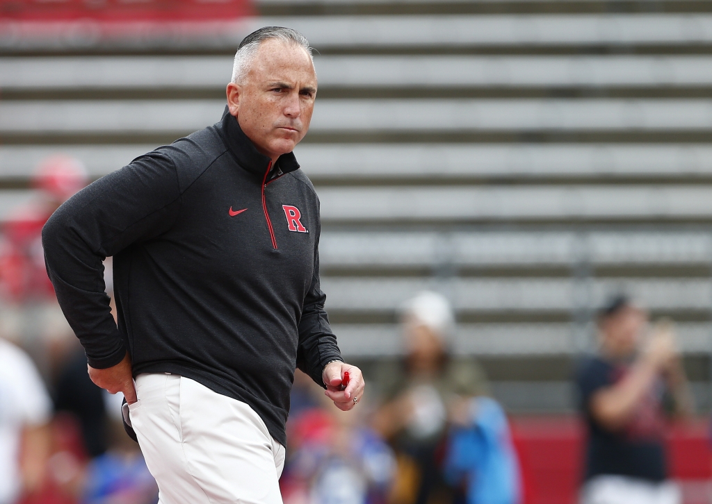 PISCATAWAY NJ- SEPTEMBER 12 Head coach Kyle Flood of the Rutgers Scarlet Knights watches his team practice before a game against the Washington State Cougars at High Point Solutions Stadium