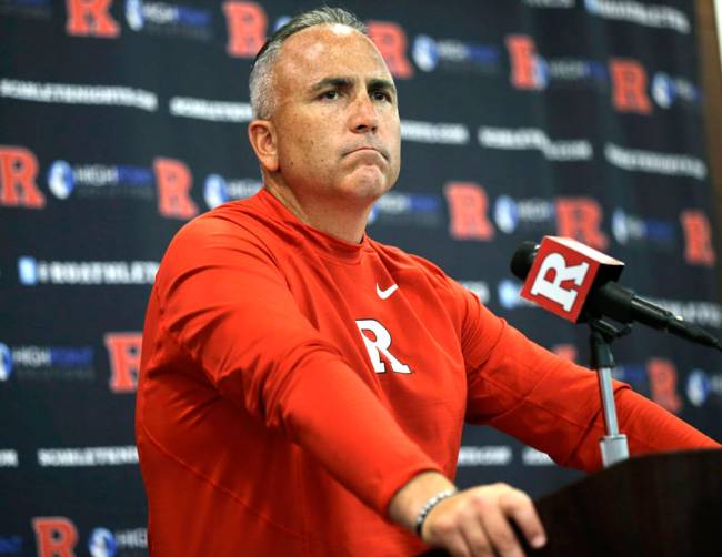 Rutgers head coach Kyle Flood listens to a question as he addresses the media after his team defeated Norfolk State 63-13 on Sept. 5 2015