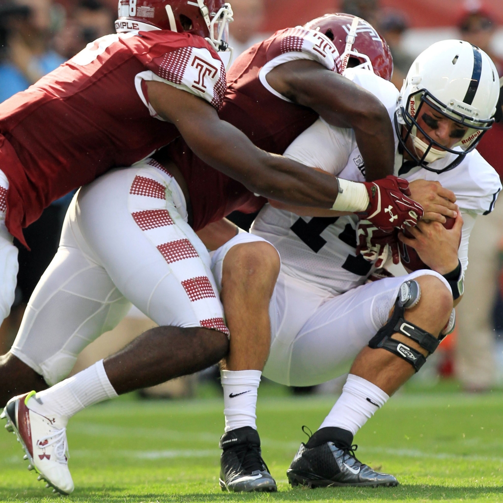 COLLEGE-FOOTBALL-20 Penn State Nittany Lions quarterback Christian Hackenberg is sacked during the second quarter against the Temple Owl at Lincoln Financial Field earlier this month