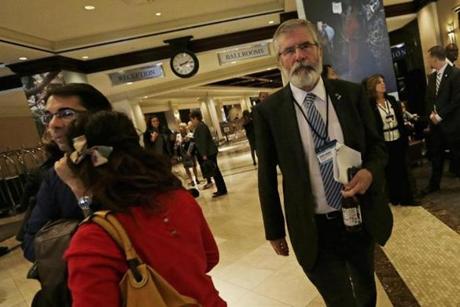 Gerry Adams president of the Irish Sinn Fein political party walked through the lobby at the Clinton Global Initiative 2015 Annual Meeting in New York on Monday