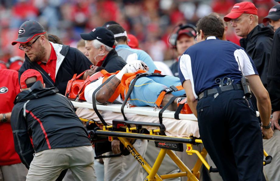 Southern wide receiver Devon Gales is taken off the field after he was injured in the second half of an NCAA college football game against Georgia Saturday Sept. 26 2015 in Athens Ga