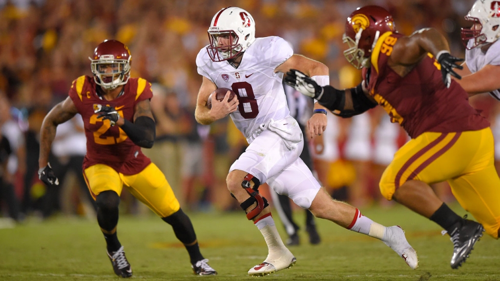 Stanford tight end Austin Hooper below celebrates along with wide receiver Michael Rector after scoring a touchdown during the first half of an NCAA college football game against Southern California Saturday Sept. 19 2015 in Los Angeles