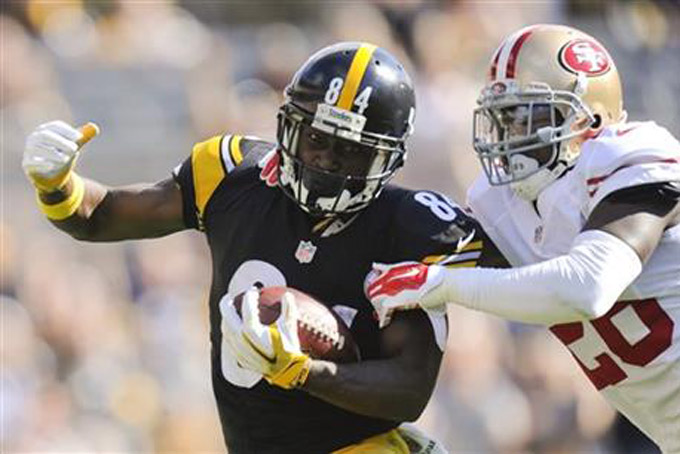 Pittsburgh Steelers wide receiver Antonio Brown twists away from San Francisco 49ers cornerback Tramaine Brock to go for a big gain after making a catch in the second quarter of an NFL football game Sunday Sept. 20 2015 in Pittsburgh. (AP Ph