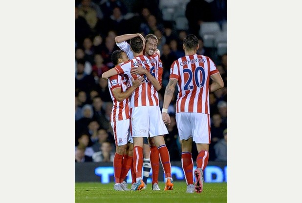 Stoke's Peter Crouch celebrates his winner in the Capital One Cup tie at Fulham on Tuesday night