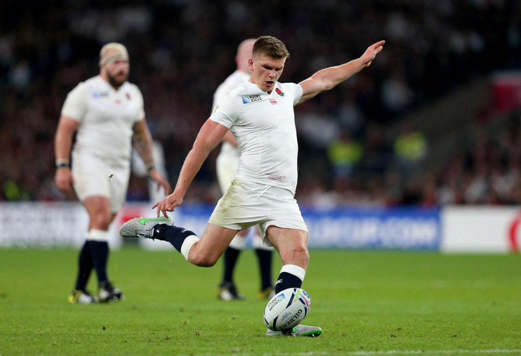 England's Owen Farrell scores his side's first penalty during the Rugby World Cup match at Twickenham Stadium London. PRESS ASSOCIATION