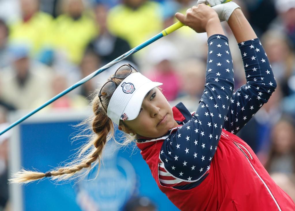 United States Alison Lee tees off in the singles matches on Day3 of the Golf Solheim Cup