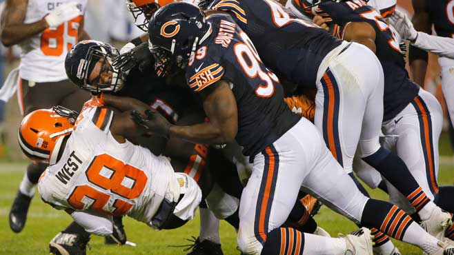 Cleveland Browns running back Terrance West is taken down by Chicago Bears defense during the first half of an NFL preseason football game Thursday Sept. 3 2015 in Chicago. On Sunday Sept. 3 2015 the Cleveland Browns announced that West was trad