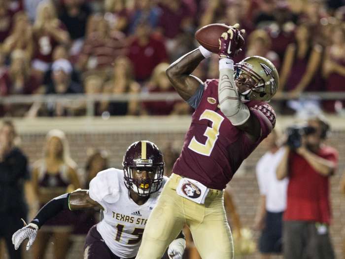 Florida State wide receiver Jesus Wilson makes a touchdown catch in front of Texas State defensive back Dila Roseman during the second half of an NCAA college football game in Tallahassee Fla. Saturday Sept. 5 2015. Florida State won 59-16. AP