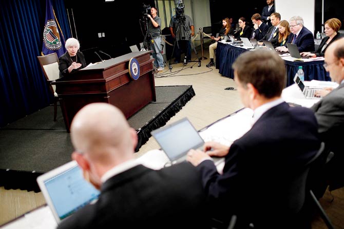 Federal Reserve Board Chairperson Janet Yellen answers questions at a news conference following a Federal Open Market Committee meeting. Pic  Getty Images  AFP