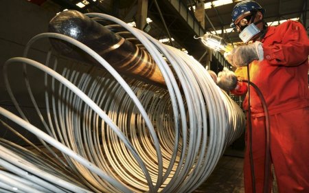 A worker polishes steel coils at a factory of Dongbei Special Steel Group Co. Ltd. in Dalian Liaoning province China