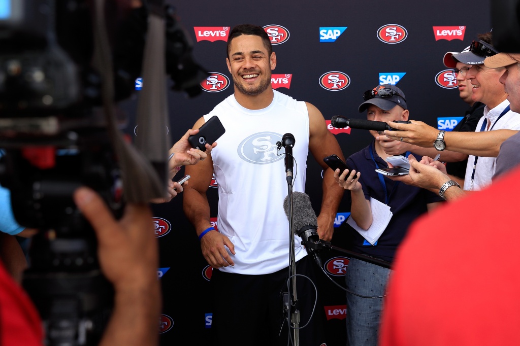 Jarryd Hayne with the media