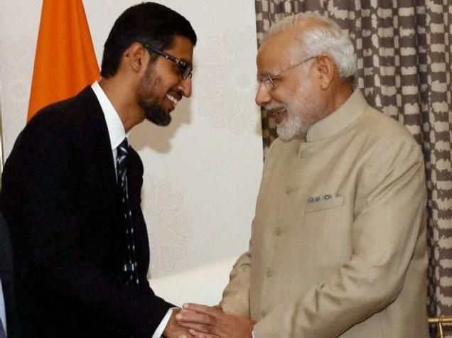 Prime Minister Narendra Modi shakes hands with Google CEO Sundar Pichai at a meeting in San Jose on Saturday