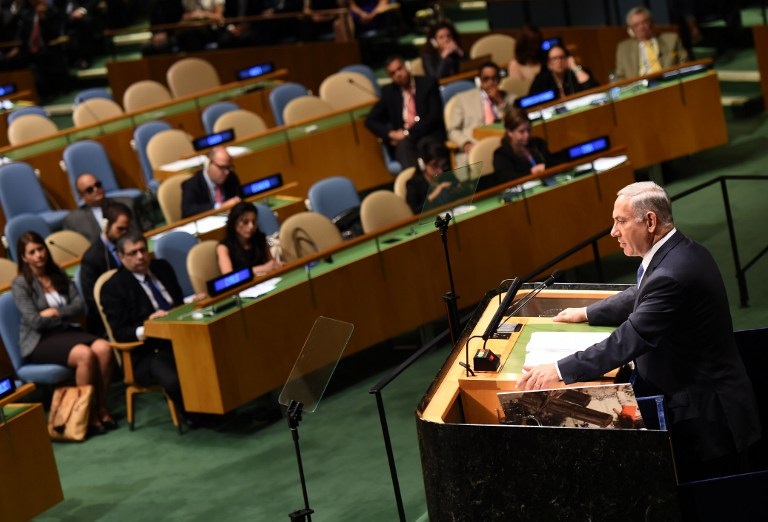 Prime Minister Benjamin Netanyahu addresses the 69th session of the United Nations General Assembly