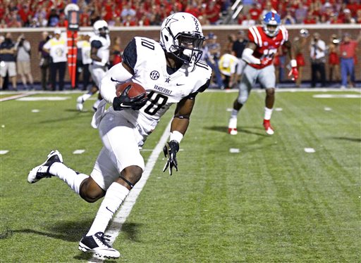 Vanderbilt wide receiver Trent Sherfield carries against Mississippi during the second half of an NCAA college football game Saturday Sept. 26 2015 in Oxford Miss. Mississippi won 27-16