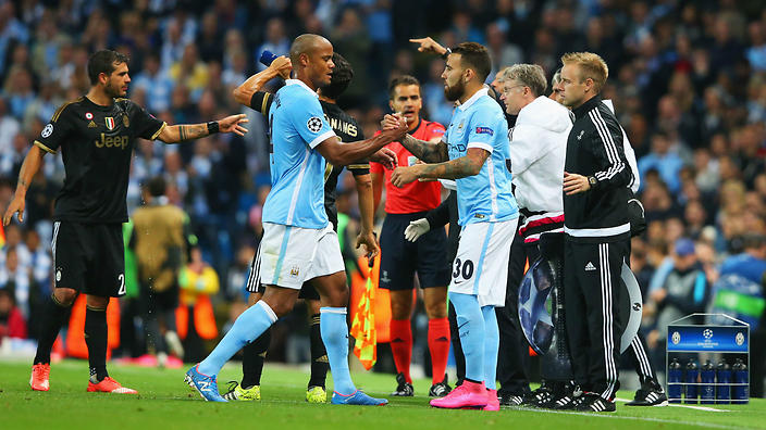 Vincent Kompany comes off to be replaced by Nicolas Otamendi during Manchester City's Champions League clash with Juventus