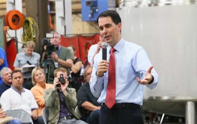 Gov. Scott Walker speaks last week to employees at Apache Stainless Equipment Corporation in Beaver Dam