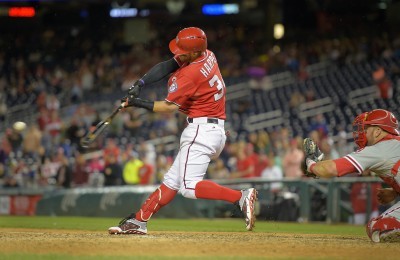 Washington right fielder Bryce Harper hits the game-winning double