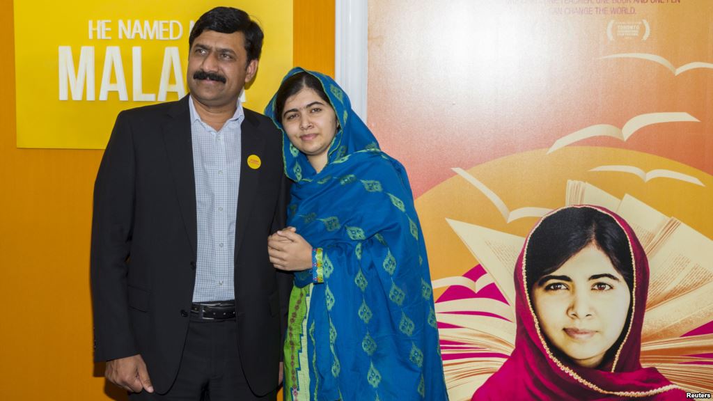 Activist Malala Yousafzai and her father Ziauddin Yousafzai attends the premiere