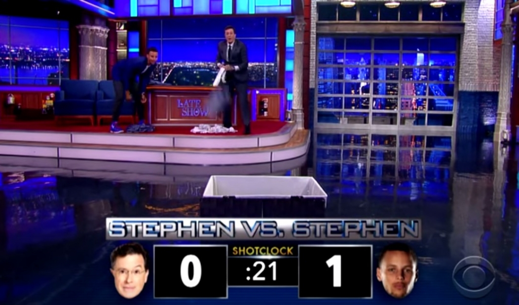 Stephen Colbert, Stephen Curry play one-on-one game of hamper basketball