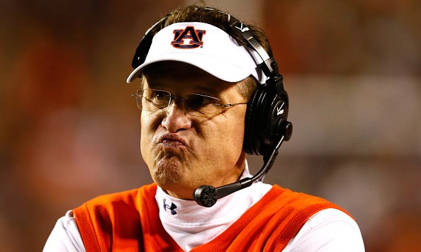 AUBURN AL- NOVEMBER 08 Head coach Gus Malzahn of the Auburn Tigers reacts during the game against the Texas A&M Aggies at Jordan Hare Stadium