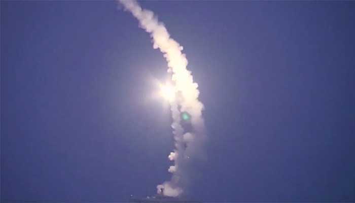 A Russian cruise missile blasts off from the Caspian Sea toward targets in Syria