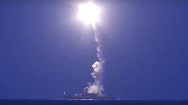 A Russian warship launches a cruise missile in the Caspian Sea this week