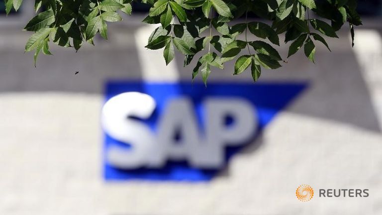 A SAP logo is seen at its offices in the City West complex Dublin